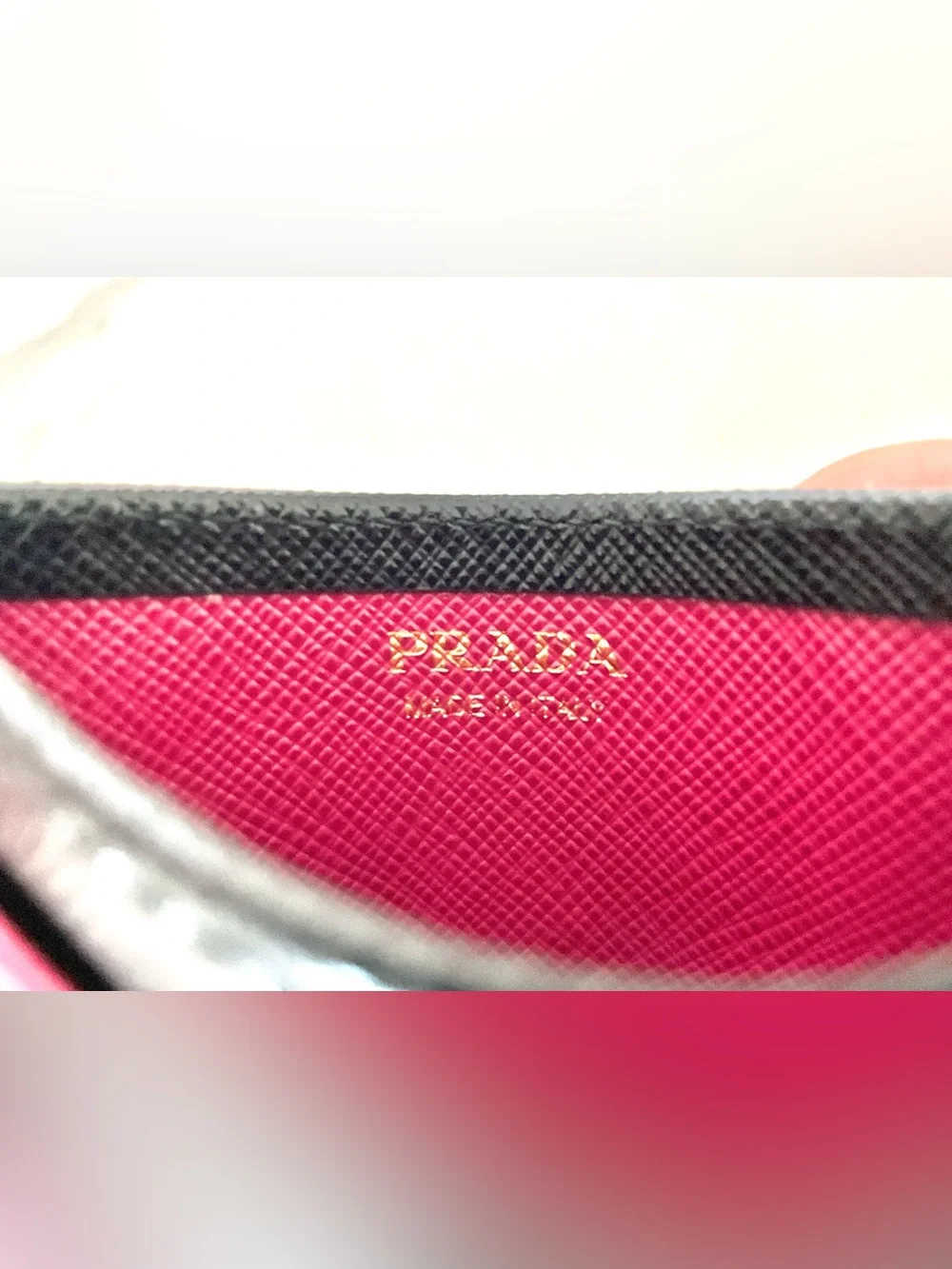 Prada Saffiano Leather Card Holder Black Pink White Gold Logo